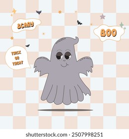 Groovy juego de personajes retro. Fantasma groovy con texto juguetón "Boo", "Scary" y "Trick or Treat", perfecto para Halloween