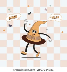 groovy retro character set illustration. Groovy Halloween illustration featuring a playful witch hat character