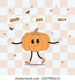 groovy retro character set illustration .Groovy Halloween pumpkin character with retro style, perfect for children's party and trick or treat decor.