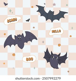 groovy retro character set illustration. Cute bat illustration with "Scary", "Hello", and "Boo" texts, ideal for children's parties or Halloween fun. 