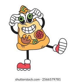 Groovy retro character slice pizza. Junk food, fast food. Vector isolated illustration