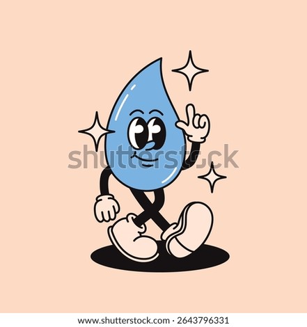 Groovy retro character water drop. Flat vector illustration.