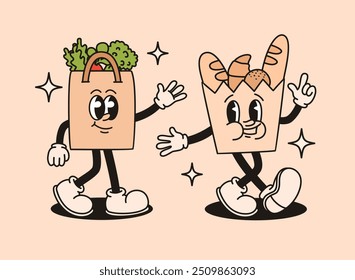 Groovy retro characters bags with pastries and vegetables. Flat vector illustration.