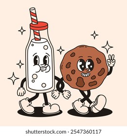 Groovy retro characters milk bottle and cookies. Flat vector illustration.