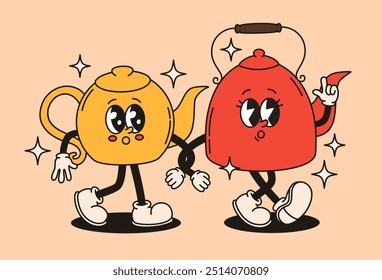 Groovy retro characters teapots go hand in hand . Flat vector illustration.
