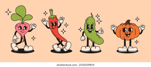 Groovy retro characters vegetables. Radish, pepper, cucumber, pumpkin. Flat vector illustration.