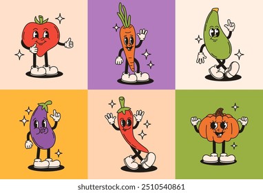 Groovy personagens retro vegetais. Tomate, cenoura, berinjela, pimenta, abóbora. Ilustração de vetor plano.