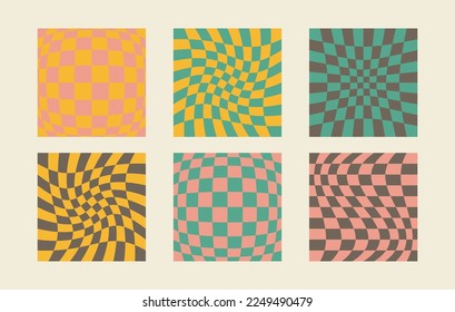 Conjunto de fondo de tablero de ajedrez retro Groovy. Diseño psicodélico abstracto ondulado de los años 60. Colección de fondo de pantalla de Gingham para impresión.