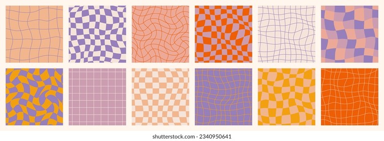 Groovy Retro Checkerboard Seamless Patterns Set. Psicodelic Resumen del Fondo de la Cuadrícula en el estilo de los años 70. Textura ondulada de 2000 en color rosa, púrpura, naranja y violeta para impresión en textiles, diseño web