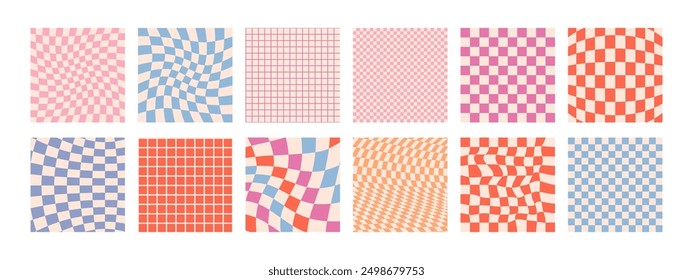 Groovy Retro Checkerboard Seamless Patterns Set. Psychedelic Abstract Grid Background in 1970s Style. Y2K Wavy Texture in Pink, Red, Blue Colors for Print on Textile, Web Design