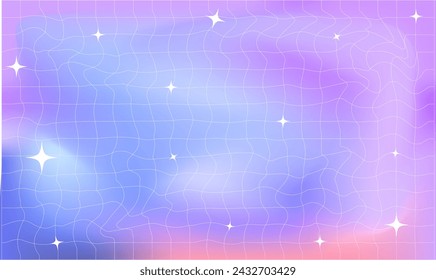 Groovy retro kariert gewellt Hintergrund. Stilvolle holografische Kulisse mit Gradientennetz und Sternen. Vektorgrafik