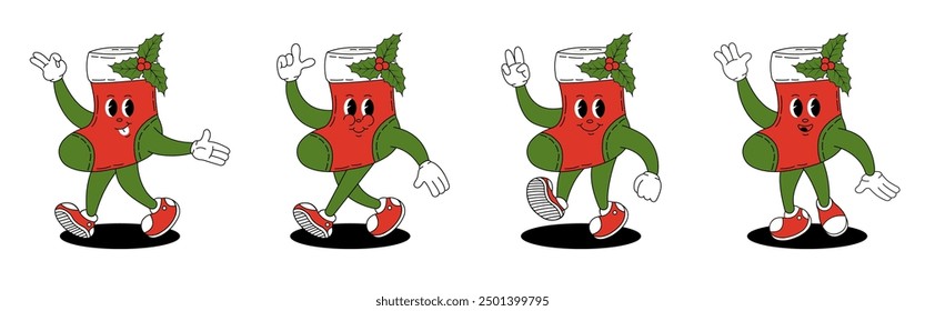 Groovy retro Christmas boot. Christmas characters in groovy style. 