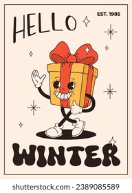 Groovy retro Christmas posters. Santa claus, christmas tree, ball, hot cocoa, present in trendy vintage cartoon style. Retro characters in 50s, 60s, 70s animation style