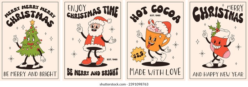 Groovy retro Christmas posters. Santa claus, christmas tree, ball, hot cocoa, present in trendy vintage cartoon style. Retro characters in 50s, 60s, 70s animation style