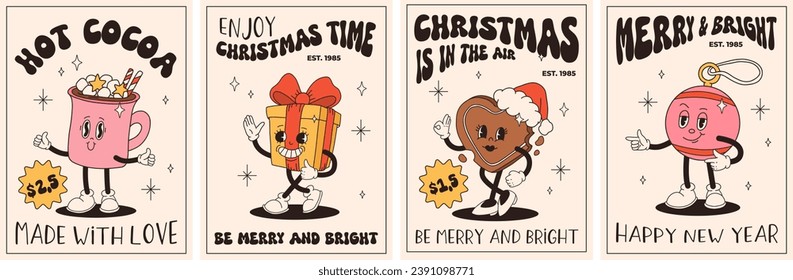 Groovy retro Christmas posters. Santa claus, christmas tree, ball, hot cocoa, present in trendy vintage cartoon style. Retro characters in 50s, 60s, 70s animation style