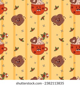 Groovy Retro Christmas seamless pattern with cartoon characters red cup cocoa and gingerbread heart on yellow background. Happy New year vector background