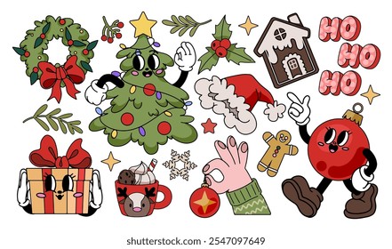 Groovy retro Christmas set. Funky cartoon characters and elements. Gloved Christmas tree, gloved ball with boots, gift, santa hat, wreath, ginger house. Trendy retro cartoon style.
