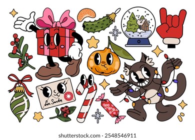 Groovy retro Christmas set. Funky cartoon characters and elements. Funny Christmas cat, gloved gift with boots, lollypop, santa letter. Trendy retro cartoon style.