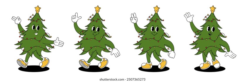 Groovy retro Christmas tree. Christmas characters in groovy style.