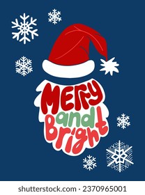 Groovy Retro Weihnachten typografische Komposition. Vektorgrafik mit handgezeichnet Text Merry and Bright in Santas Bart Form mit Hut und Schneeflocken. Ideal für Poster, Hemddruck, Grüße