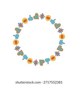 Marco de borde redondo retro Groovy con corazón, emoji y patrón de Formas de flores. Los coloridos Elementos gráficos aportan un ambiente pop y2k para proyectos modernos y divertidos que buscan un aspecto vintage divertido.
