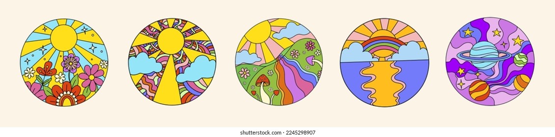 Groovy retro circles with psychedelic landscapes. Vintage hippie print