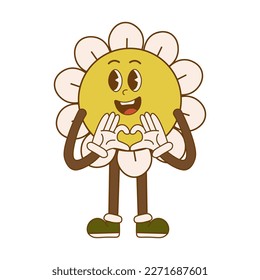 Groovy retro clipart with daisy flower. 60s, 70s, 80s cartoon style. Cute comic characters. Abstract trendy, vintage, nostalgic aesthetic background. Vector illustration