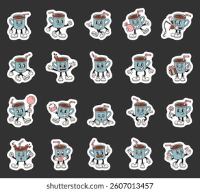 Groovy retro coffee cup characters in cartoon outline vintage funny expressive style with emotions gestures activities objects and holiday elements