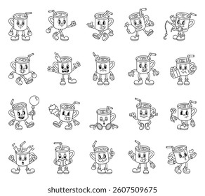 Groovy retro coffee cup characters in cartoon outline vintage funny expressive style with emotions gestures activities objects and holiday elements