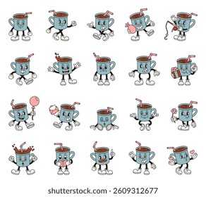 Groovy retro coffee cup characters in cartoon outline vintage funny expressive style with emotions gestures activities objects and holiday elements