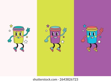 Groovy Retro Coffee Cup Characters  Funky, Colorful Illustrations of Happy Coffee Cups Dancing and Smiling