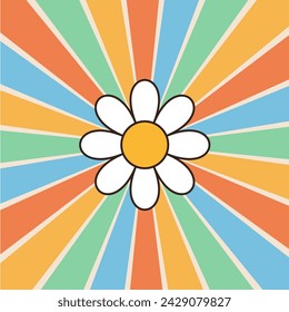 Groovy retro colorful sunburst starburst with ray of light. Background with white smiling daisy flower. 60s, 70s hippie psychedelic style. Trendy graphic print. Sunny template. Flat design. Vector