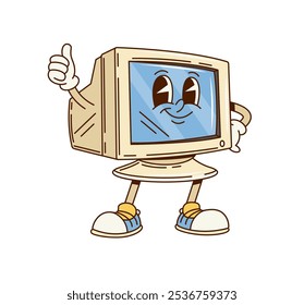 Groovy retro computer monitor display character with funny face, cartoon vector. Groovy funky old desktop monitor or PC computer display with happy smile and thumb up for retro cartoon character