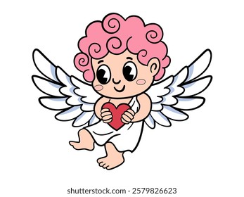 Groovy retro cupid flying in the air with a heart in his hands. Cute character for Valentine's day. White background.