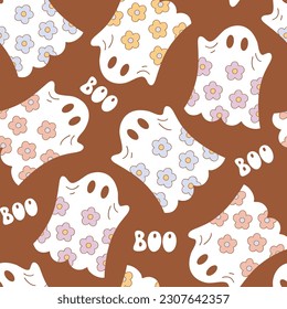 Groovy retro cute floral ghost vector seamless pattern. Flower power summer background.