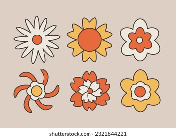 Groovy Retro Daisy set. Vector collection of vintage hippie flowers in 60s 70s style.