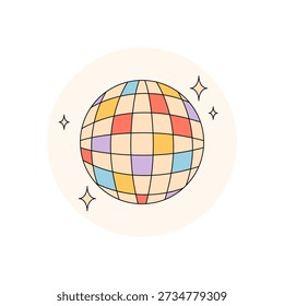 Groovy retro disco ball graphic with colorful circle as sticker. Party and dance theme shine on bright package lid, y2k icon for music and fun scene.