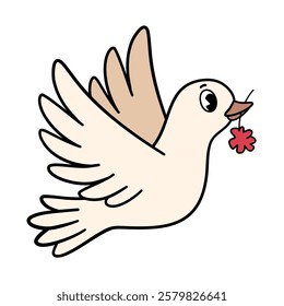 Groovy retro dove of peace with flower in beak. Valentine day illustration. White background.