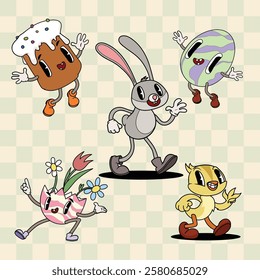 Groovy retro Easter cartoon characters set. Easter bunny, egg, chick and glazed kulich on light green check background. Vector illustrations.