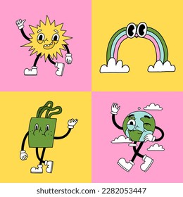 Groovy retro eco cartoon characters set. Happy earth day ecology elements design collection. Environment day trendy badges. Sun, eco bag, earth planet, rainbow, isolated 