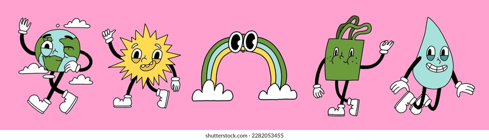 Groovy retro eco cartoon characters set. Happy earth day ecology elements design collection. Environment day trendy badges. Sun, eco bag, earth planet, rainbow, wind electricity Isolated 