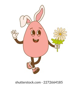 Groovy retro egg. Hippie happy egg in retro cartoon style. Happy Easter day. Vector illustration