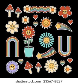 Groovy retro elements and characters sticker pack set, Cute smiling vintage flowers, mushrooms, sun, rainbow. Vector illustration on black.