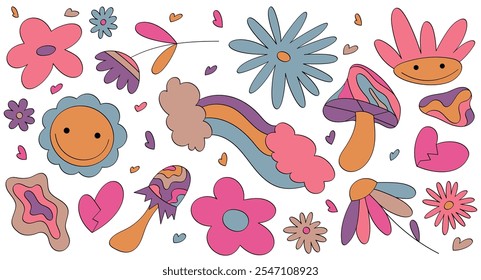 Groovy retro elements, including smiling flowers, colorful mushrooms, rainbows, and hearts. Ideal for creative designs, posters, or unique compositions
