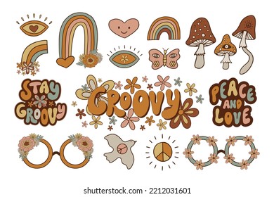 Groovy retro elements are isolated on a white background. Hand-drawn rainbow, heart, peace sign, butterfly, mushrooms, and dove. Hippy vector set.