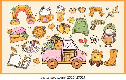 Groovy Retro Fall Vibe Cozy Autumn Pumpkin spice Cartoon Doodle Clipart Element Set