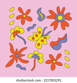 Groovy retro floral card. Funny bright square vector illustration with retro acid art flowers, butterfly, leaves, dots, waves for kids print, greeting card, poster