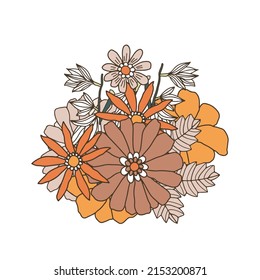Groovy retro floral composition. Hand drawn vintage style floral bouquet isolated on white. Vector illustration