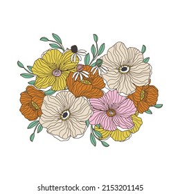Groovy retro floral composition. Hand drawn 70s,60s  vintage style floral bouquet isolated on white. Vector illustration