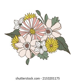 Groovy retro floral composition. Hand drawn 70s,60s  vintage style floral bouquet isolated on white. Vector illustration